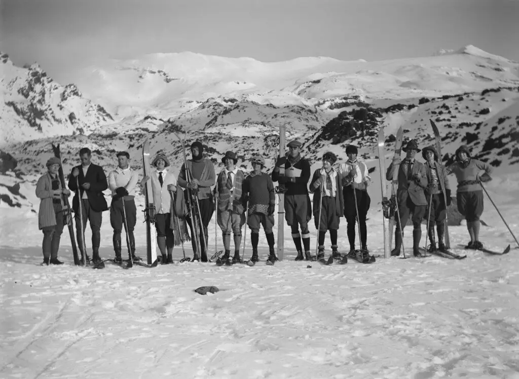 A group of people in vintage ski attire