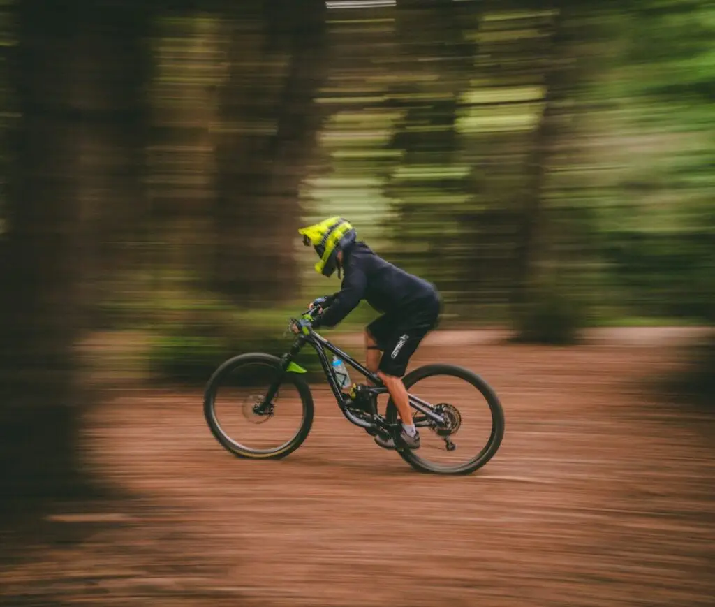 a man riding a bike through a forest filled with trees
